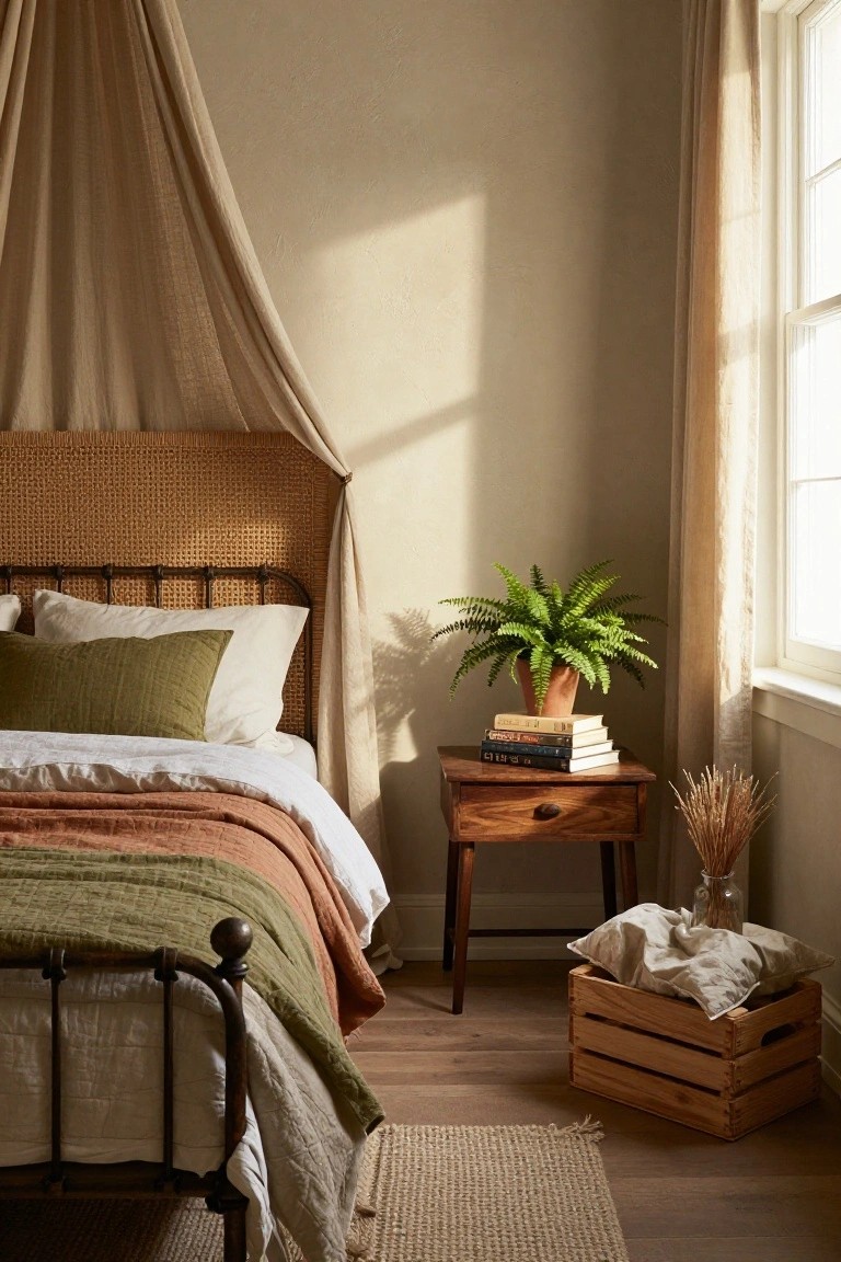 Sunlit bedroom corner with rattan-wrapped iron bed, white and green linen bedding, wooden nightstand topped with books and potted fern, wooden crate on floor, near window with sheer curtains.