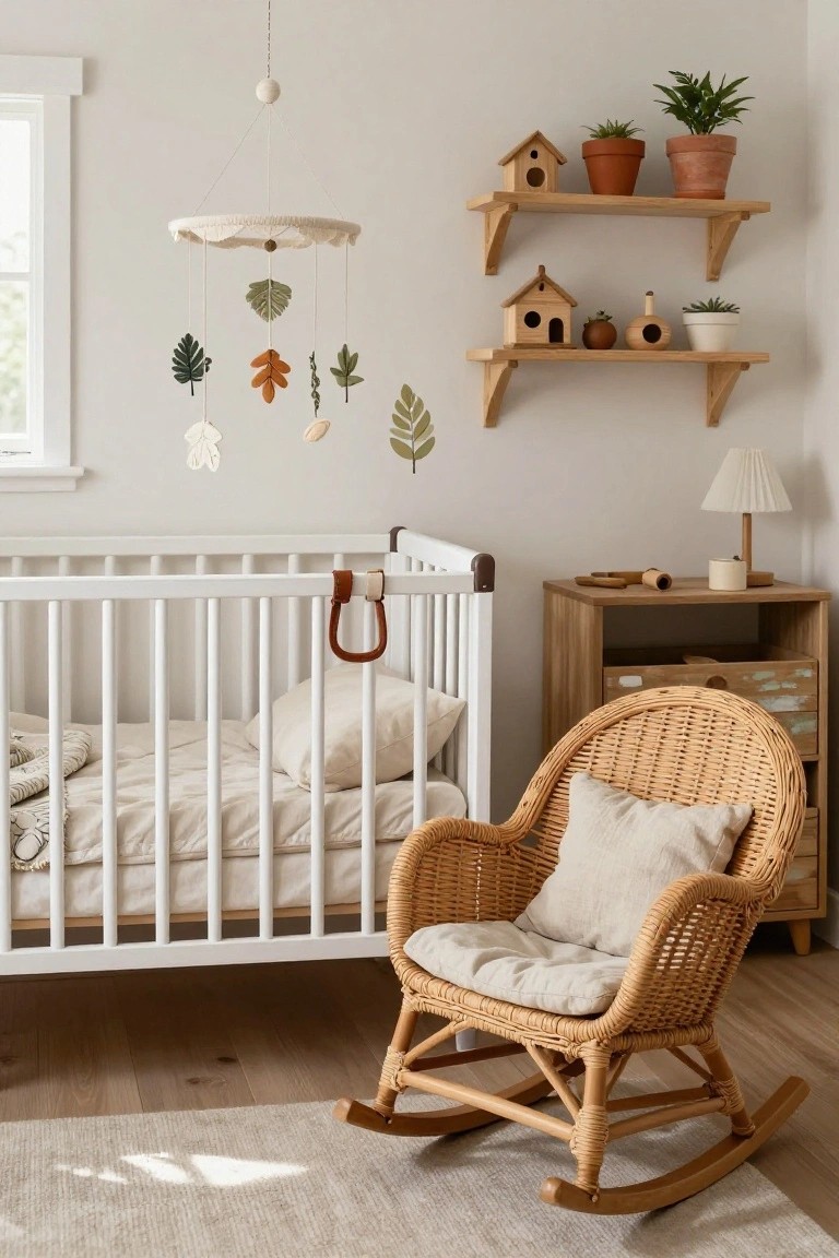A light gray nursery with a white wooden crib under a hanging mobile of multicolored felt leaves and shapes, wooden floating shelves displaying birdhouses potted plants and wooden objects, rattan rocking chair with beige cushions, wooden dresser, and neutral bedding.