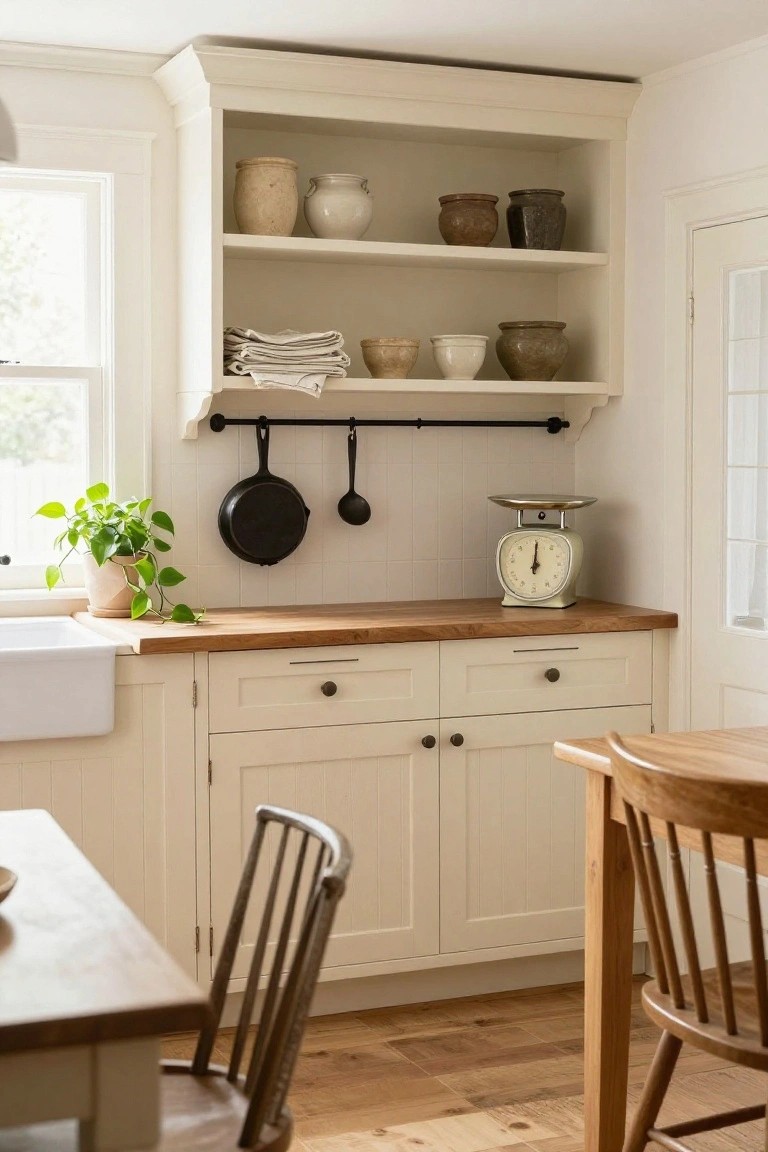 White farmhouse kitchen with open upper shelving displaying assorted pottery jars, crocks, and folded linens, wooden countertop, farmhouse sink, hanging black pots and utensils, potted plant, vintage scale, and partial wooden table with chair.