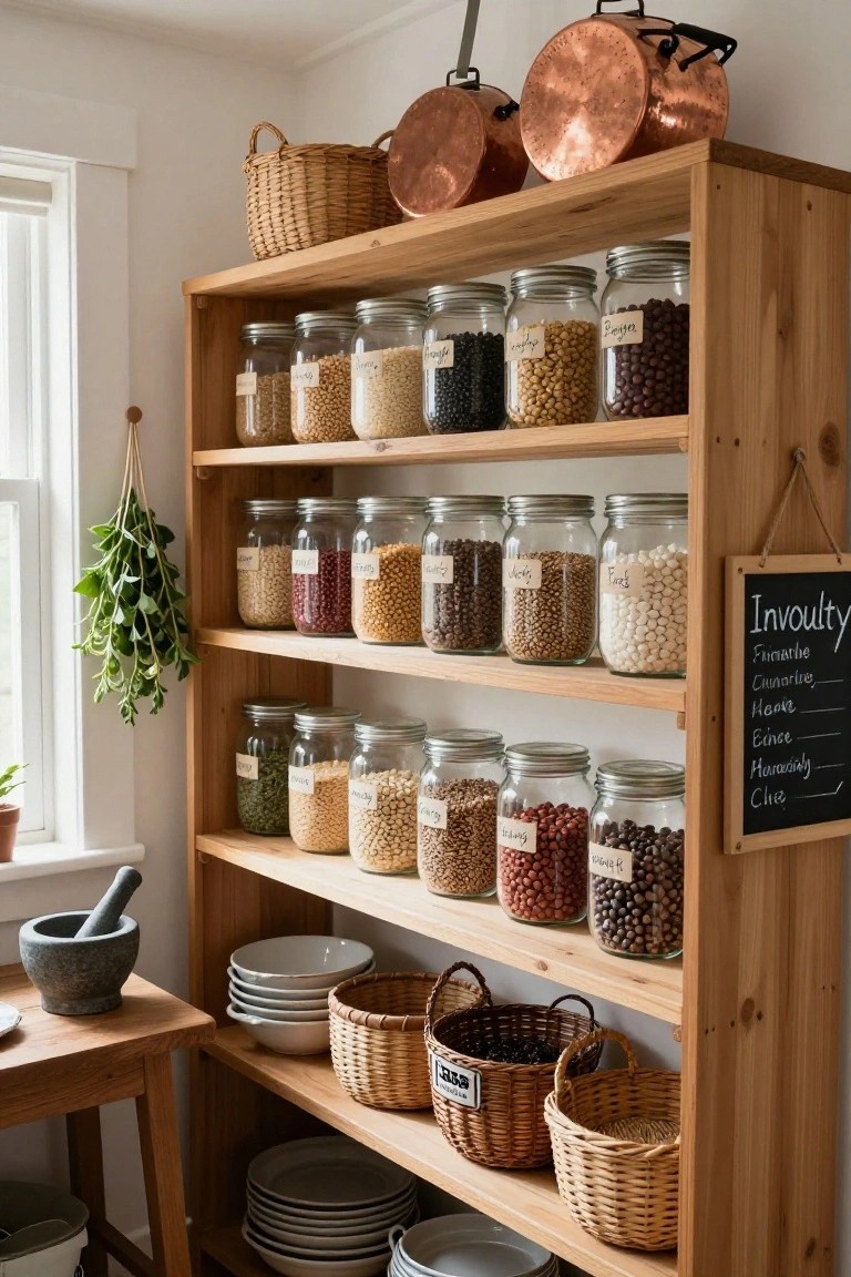 Wooden open shelving unit stocked with labeled glass jars of beans, grains, and legumes arranged across multiple shelves in a kitchen, with hanging herbs nearby and woven baskets at the bottom.