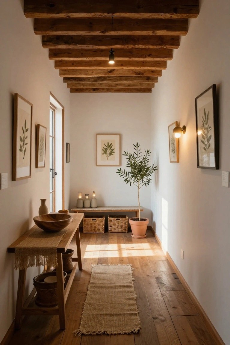 Narrow interior hallway with dark exposed wooden ceiling beams, white walls, botanical art prints, wooden console table holding pottery and baskets, built-in bench with cushions, potted olive tree, and woven rug on light wood floors.