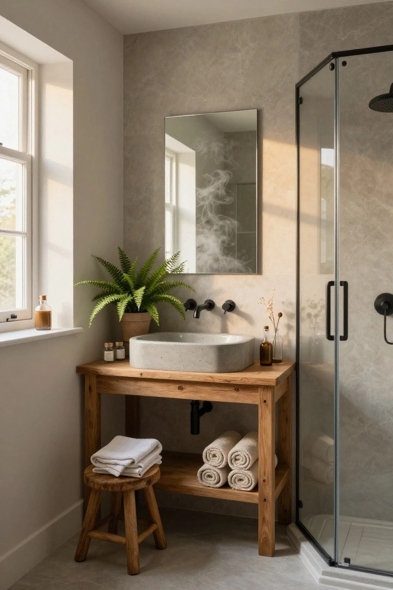 Bathroom corner with wooden vanity table supporting oval stone sink, black faucets, potted fern, glass bottles, folded white towels on lower shelf, small wooden stool, rectangular mirror, and glass shower enclosure against textured gray walls.