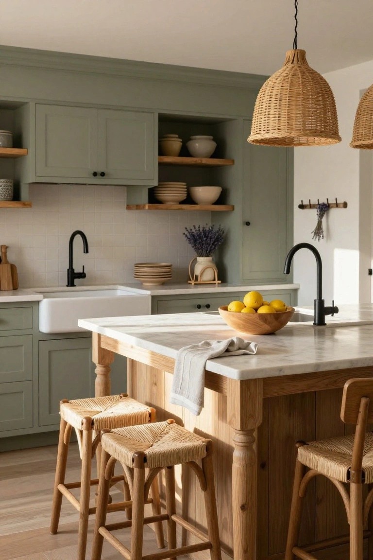 Kitchen interior with sage green shaker cabinets, white farmhouse sink, black matte faucets, central white marble island on wooden legs with rattan stools, woven rattan pendant lights, and open shelves holding pottery and plants.