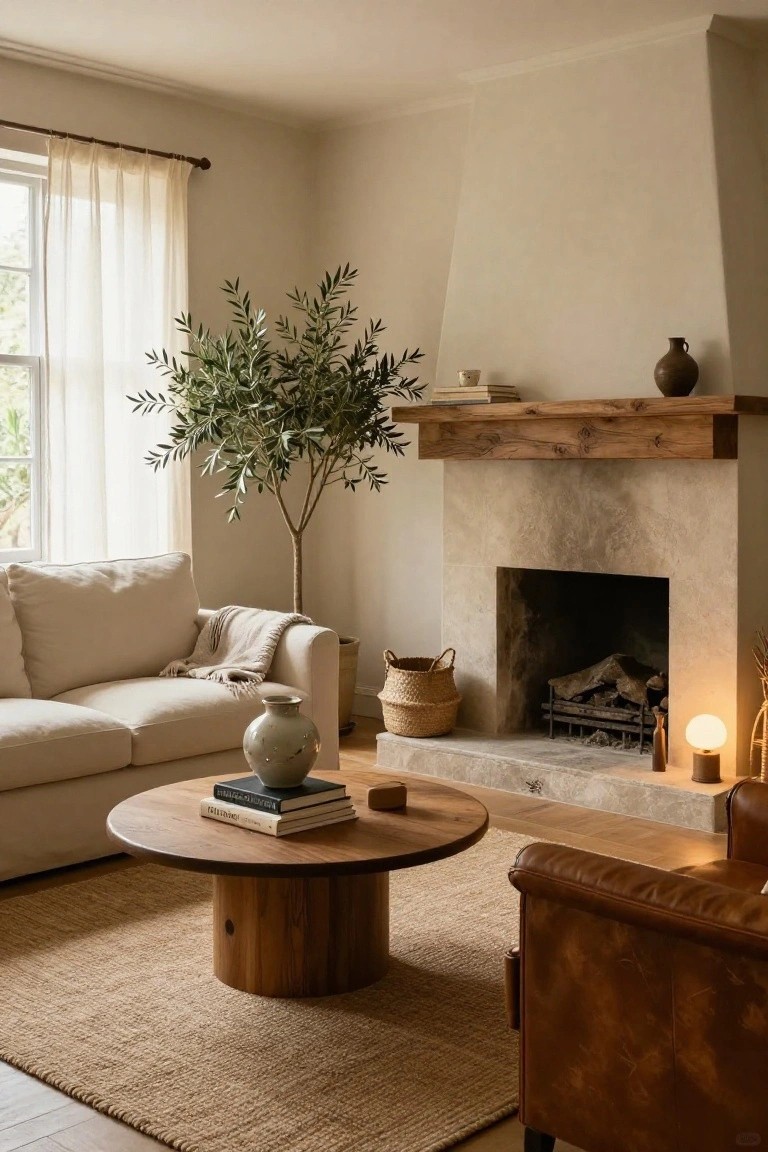 Beige living room with stone fireplace under rustic wooden mantel shelf holding books and pottery, tall potted olive tree next to it, cream sofa with throw, round wooden coffee table with stacked books, seagrass rug, and brown leather armchair.