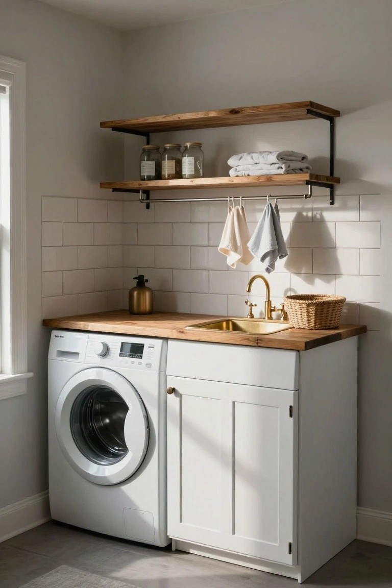Compact indoor laundry room with white front-load washer next to white shaker-style cabinet topped by wooden counter, gold sink, wicker basket, wooden shelves holding glass jars and folded linens, hanging tea towels, and white subway tile walls.