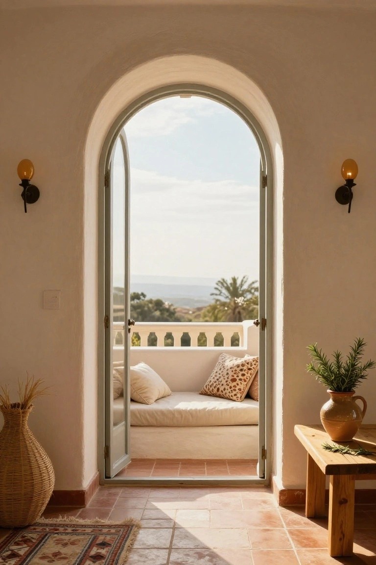 Open green-painted arched double doors from a white interior room with terracotta tile floor to a balcony featuring a cushioned white bench along the balustrade, potted rosemary plant on a wooden stool, and distant view of palm trees and hills.