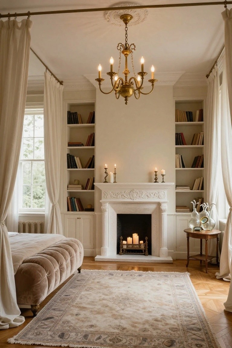 Elegant bedroom with white fireplace, chandelier, bookshelves, and beige velvet bed.