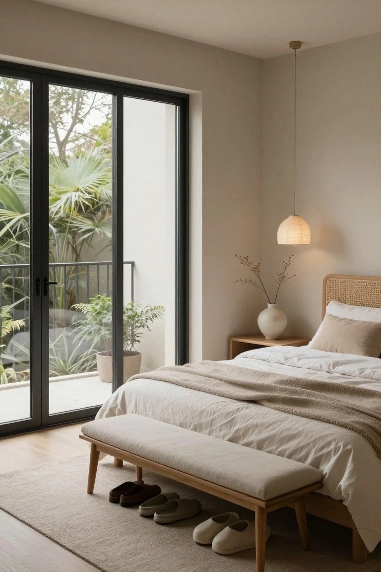Beige-toned bedroom with rattan headboard, white and beige bed linens, wooden side table with vase, cushioned bench at bed foot holding slippers and shoes, large black sliding doors to balcony with tropical plants, light wood floors and rug.