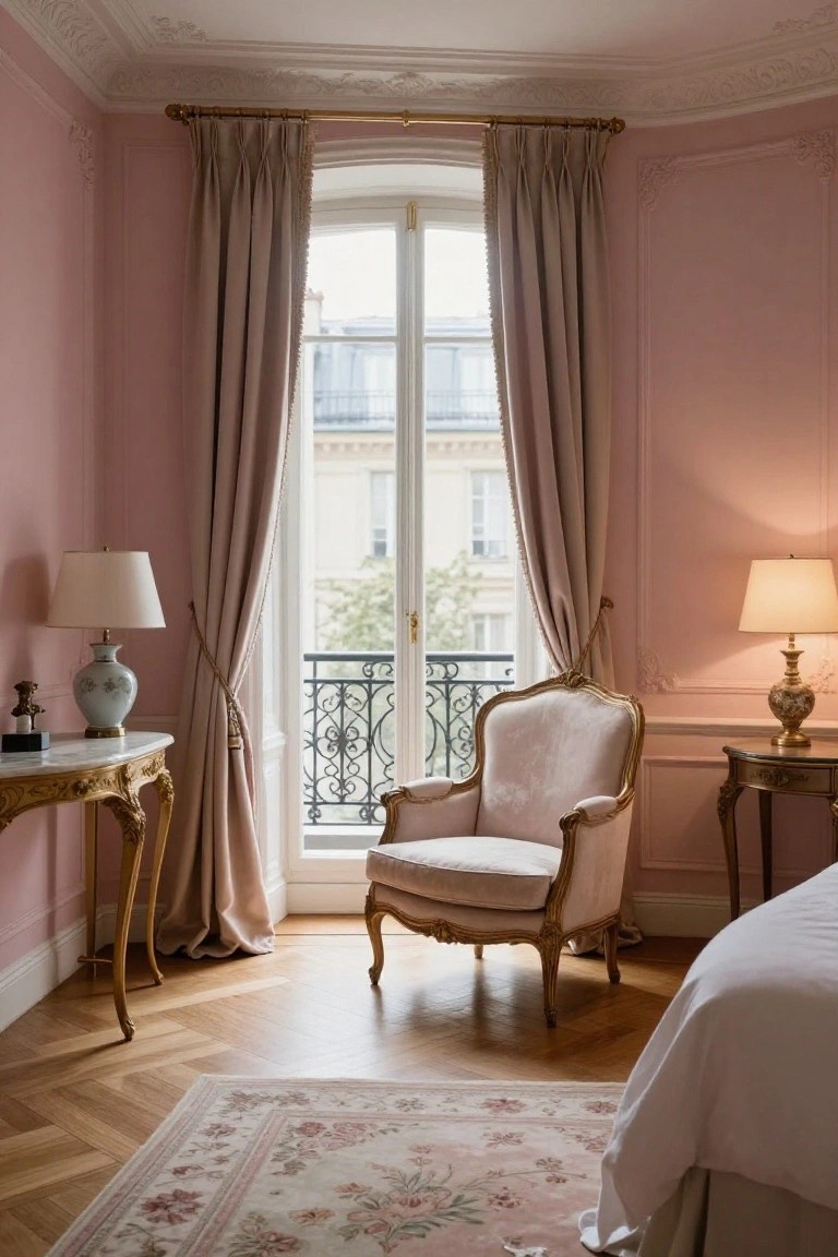 Bedroom corner with blush pink walls, tall French windows draped in taupe fabric, pink-upholstered gilded armchair, matching console tables with lamps and vases, parquet floor, pink rug, and white bed.