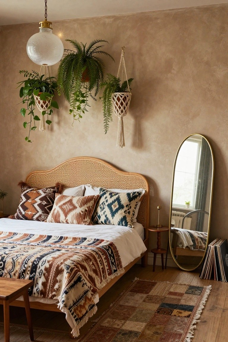 Bedroom with rattan arched headboard bed layered with patterned pillows and quilt, multiple hanging potted plants in macrame, gold oval mirror, wooden side table with lamp and records, and multicolored rug on hardwood floor.