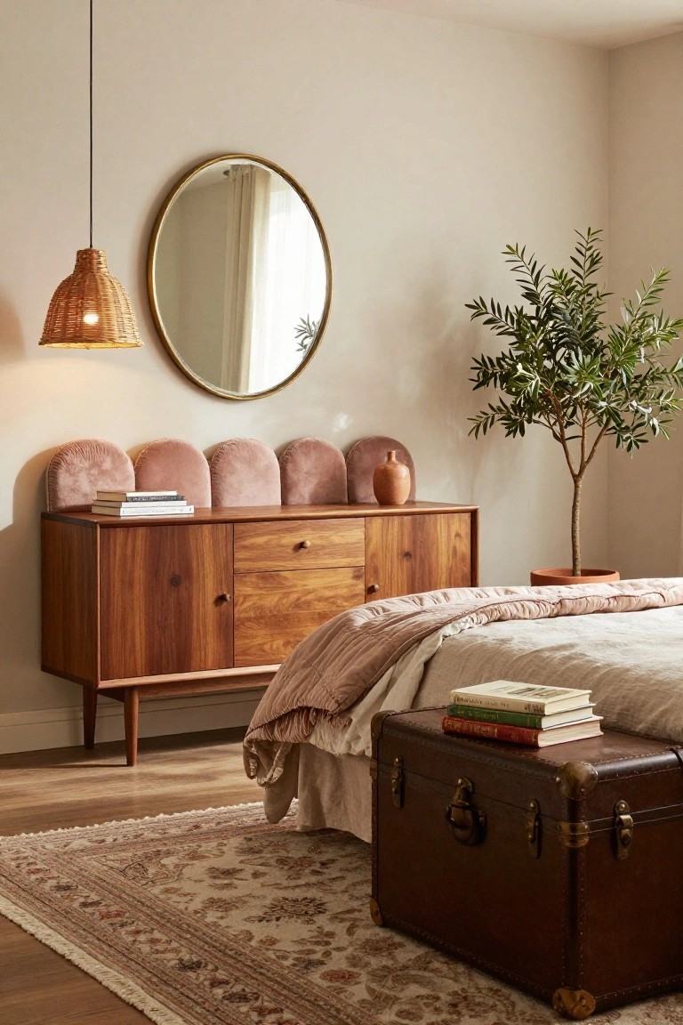 Bedroom with wooden mid-century dresser topped by five pink velvet benches, rattan pendant lamp, gold-framed round mirror, potted olive tree, bed with blush pink bedding and linen sheets, leather trunk bedside table with books, and beige patterned rug on light wood floor.