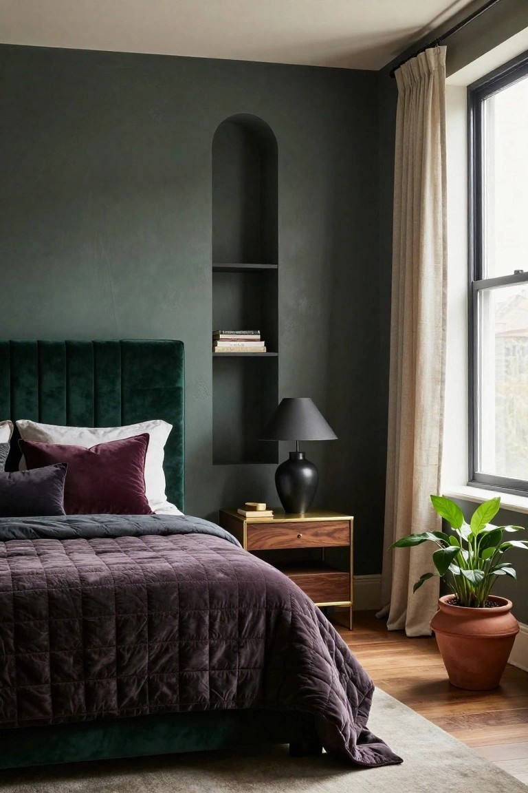 Bedroom corner with dark green walls, tufted green velvet headboard bed draped in purple quilt and pillows, gold nightstand holding black lamp and books, arched wall niche shelf with books, cream curtains on window, and potted green plant in terracotta pot on wood floor.