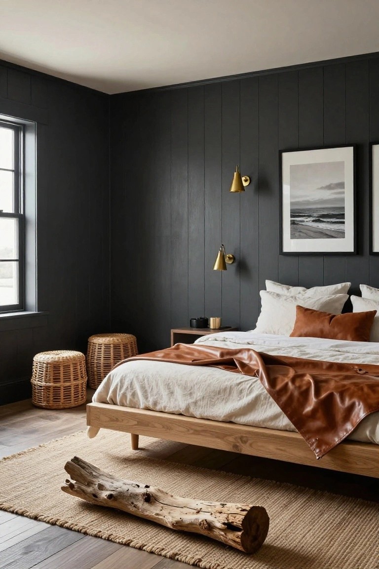 Bedroom with dark gray vertical shiplap walls, low oak platform bed covered in white linens and tan leather throw, two rattan stools nearby, gold sconces, two framed black-and-white ocean photos, jute rug, and driftwood log on floor.
