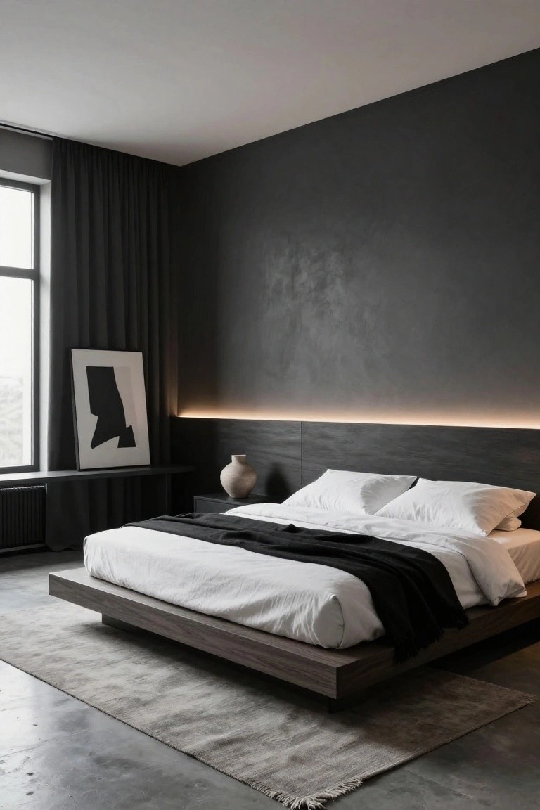Modern bedroom featuring dark textured gray walls, a floating wood platform bed with white bedding and black throw blanket, warm LED strip lighting behind the headboard, large white-framed abstract black artwork on a shelf, ceramic vase, dark curtains on a window, and concrete floor with gray rug.