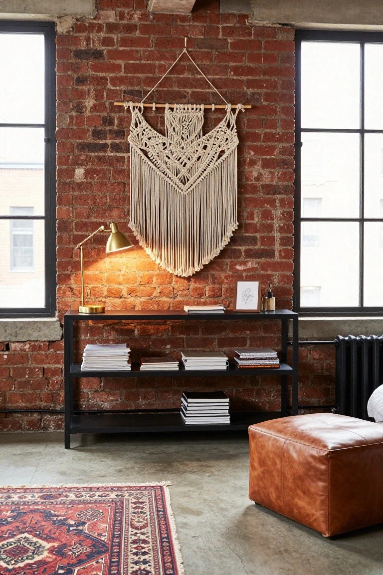 Exposed red brick walls in a room corner with a large white macrame wall hanging, black metal console table holding stacked books and papers, gold desk lamp, brown leather ottoman, and red patterned rug on concrete floor.