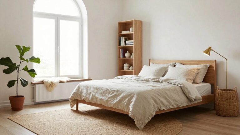A bedroom corner featuring a light oak wood bed with white linen bedding, matching nightstand with brass lamp and books, tall fiddle leaf fig plant in a pot, woven pouf, and seagrass rug on hardwood floor next to a white-curtained arched window.