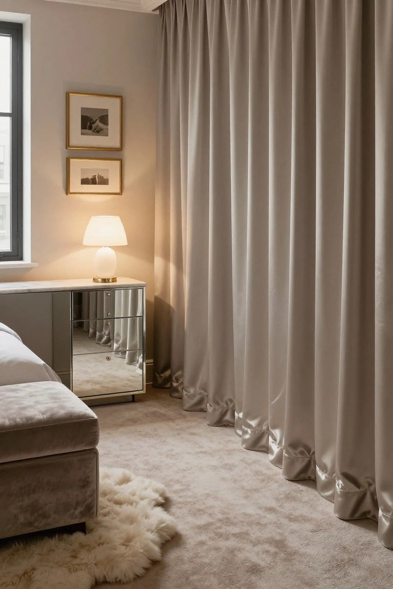Corner of a light gray bedroom with a mirrored gray dresser holding a white lamp, two gold-framed black-and-white photos on the wall, heavy floor-length taupe drapes, gray velvet bench beside a white bed, and white sheepskin rug on light carpet.