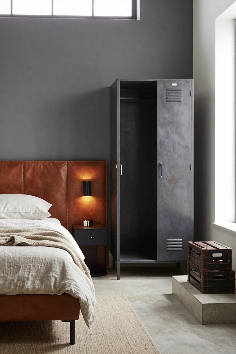 Minimalist bedroom with gray walls, open tall gray metal wardrobe, tan leather bed with white linen bedding and throw, black nightstand, wooden crates on concrete step, seagrass rug, and large windows.
