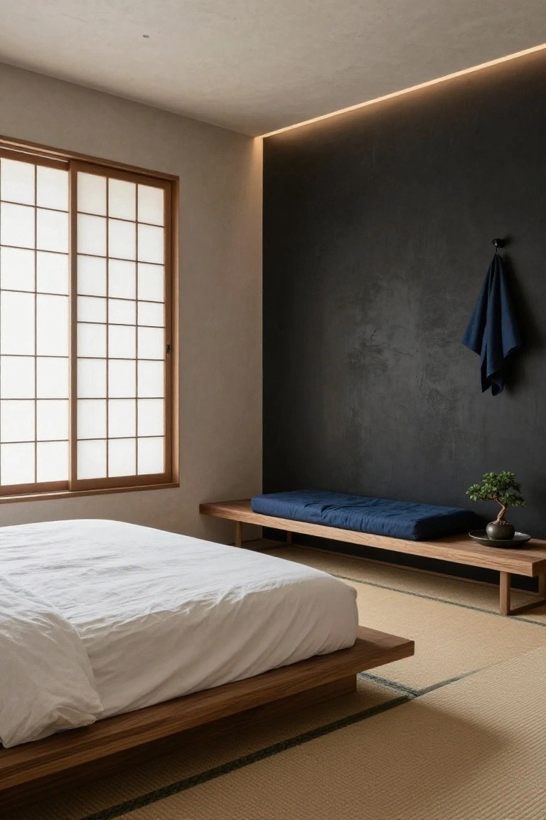 A minimalist bedroom with white linens on a low wooden platform bed on beige tatami mats, a blue cushioned bench holding a bonsai plant, dark textured accent wall with a navy towel hanging, and shoji sliding window letting in light.