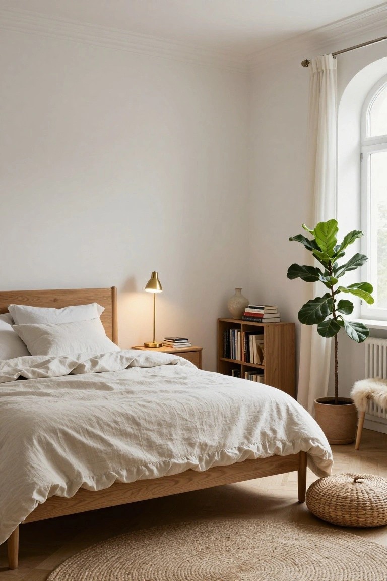 A bedroom corner featuring a light oak wood bed with white linen bedding, matching nightstand with brass lamp and books, tall fiddle leaf fig plant in a pot, woven pouf, and seagrass rug on hardwood floor next to a white-curtained arched window.