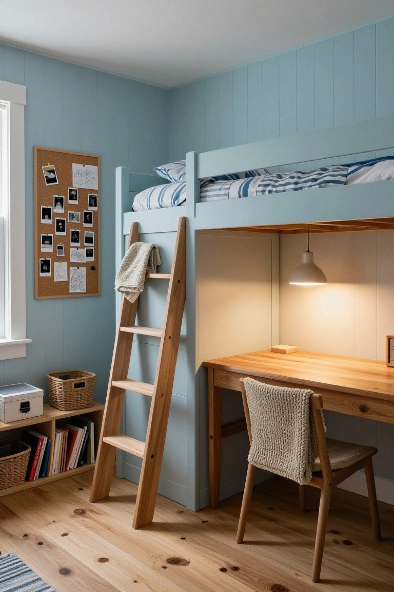 Pastel blue kids' bedroom with elevated bunk bed, wooden ladder, wooden desk and chair underneath, pendant light, corkboard, and bookshelf.