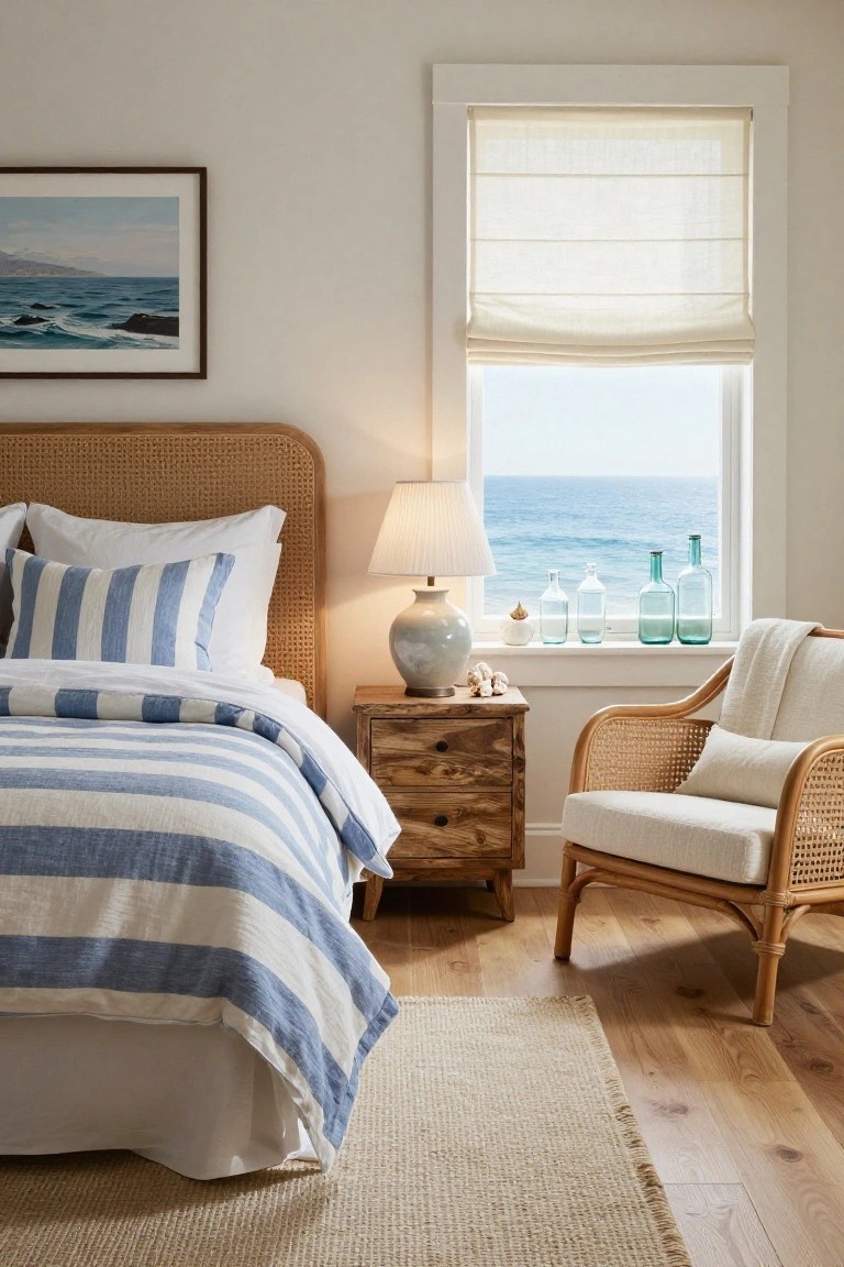 Bedroom with rattan headboard bed covered in blue-and-white striped linens and white duvet, wooden nightstand holding lamp and shell, window sill with glass bottles overlooking ocean, rattan armchair with throw.