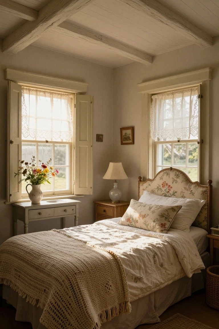 Sunlit corner of a white bedroom with exposed wooden ceiling beams, antique floral headboard bed with pillows and quilt, sheer curtains on shuttered windows holding a vase of wildflowers, side tables with lamps, and a woven basket.