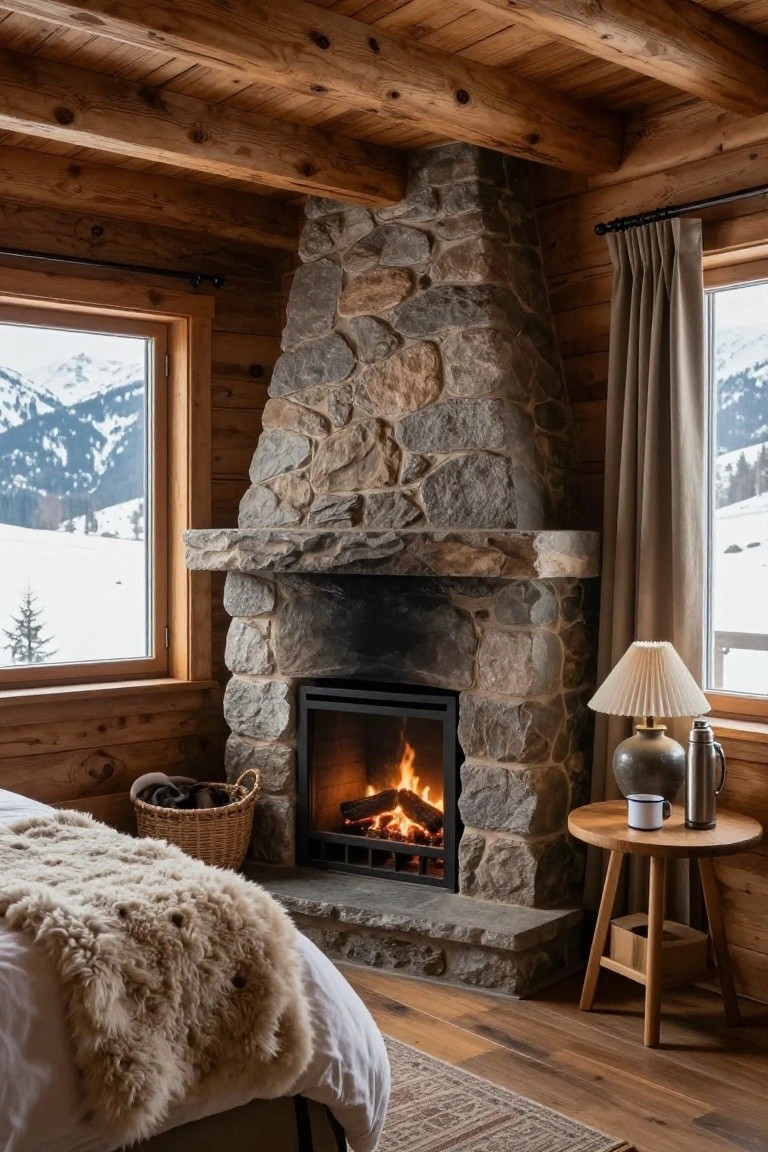 Corner stone fireplace in a wood-paneled bedroom with a bed draped in a light fur throw, basket by the hearth, side table with lamp and mug, and large windows showing snowy mountains.