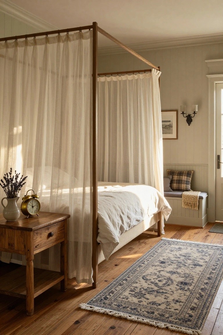 A bedroom interior with a wooden four-poster bed draped in sheer white curtains, a wooden nightstand with gold alarm clock and lavender vase, a cushioned bench with plaid pillow and woven throw, and a blue-and-white patterned rug on hardwood floors.