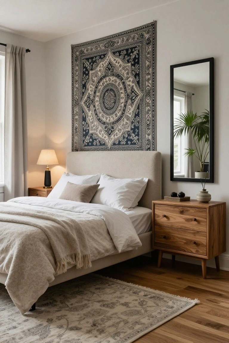 A bedroom with a large navy and cream patterned tapestry hanging above a beige upholstered bed, wooden nightstand with lamp and vase, black-framed mirror with plant, sheer curtains, and light wood flooring.