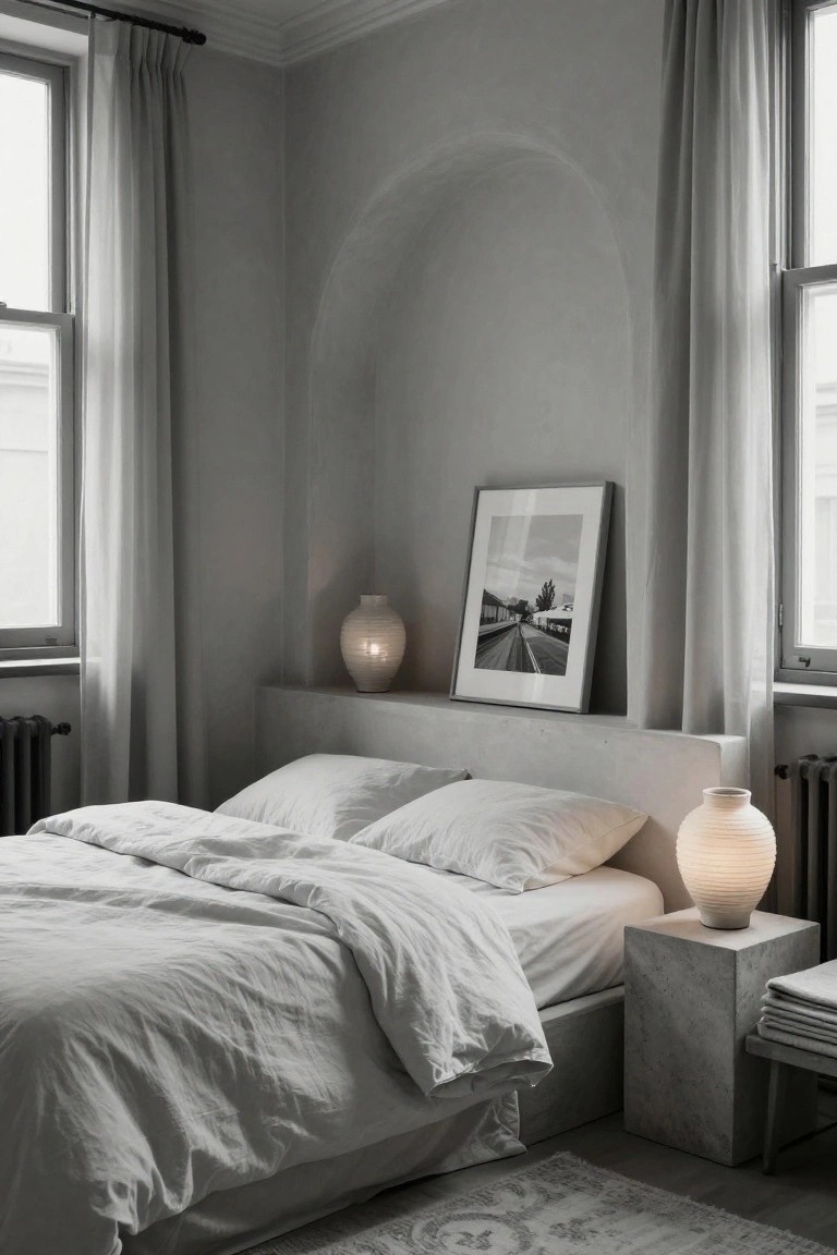 Minimalist bedroom with light gray plaster walls featuring an arched niche with white ceramic lamp and framed black-and-white photo of a road, low platform bed with white linen duvet and pillows, concrete pedestal bedside table with matching lamp and folded linens, tall windows with sheer curtains, radiator, bench, and light gray rug.