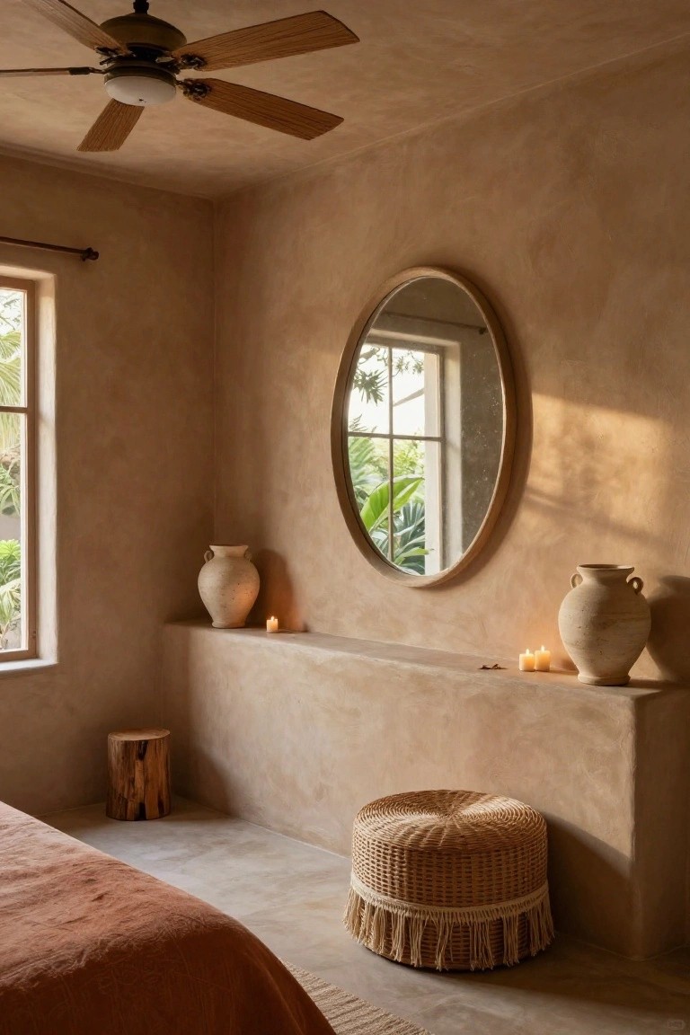 Beige textured plaster walls in a bedroom corner with a large round mirror on a built-in ledge holding terracotta pots and lit candles, a wood stump stool, fringed rattan pouf, terracotta bedspread, ceiling fan, and window showing tropical plants outside.