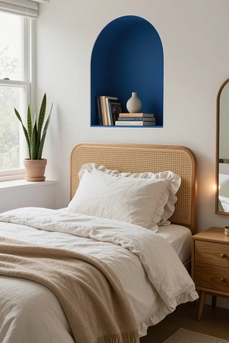 Bedroom with rattan headboard bed draped in white linens and beige throw, blue arched wall niche above holding stacked books and white vase, snake plant in terracotta pot on windowsill, wooden nightstand, and arched gold mirror.