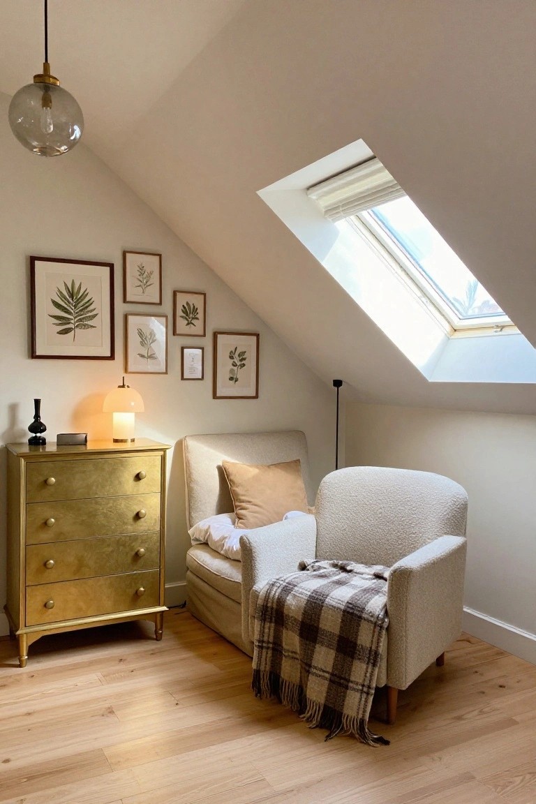 Attic room corner with cream bouclé armchair draped in plaid blanket, gold dresser, table lamp, black vase, small speaker, botanical prints on walls, sloped white ceiling with skylight, and light oak floors.