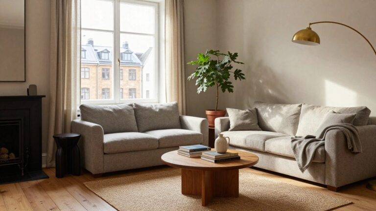 23 Elevated Copenhagen Townhouse Interiors That Feel Lived In Light-filled living room with gray modular sofa, oval wooden coffee table stacked with books, tall potted ficus tree in terracotta pot, wooden bookshelves filled with multicolored books, gold arc lamp, black fireplace, and two large windows with beige linen curtains overlooking brick buildings.