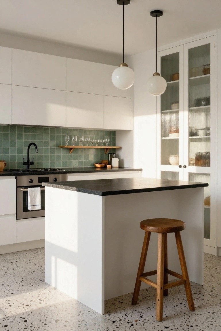 Modern kitchen interior with white flat-panel cabinets, green mosaic tile backsplash, black granite island countertop, wooden stool, and terrazzo floor.