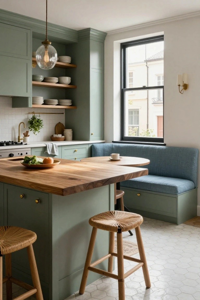 Sage green kitchen cabinets with open wooden shelving, a wooden-topped island integrated with blue banquette seating and rattan stools, white subway tile backsplash, and a large window.
