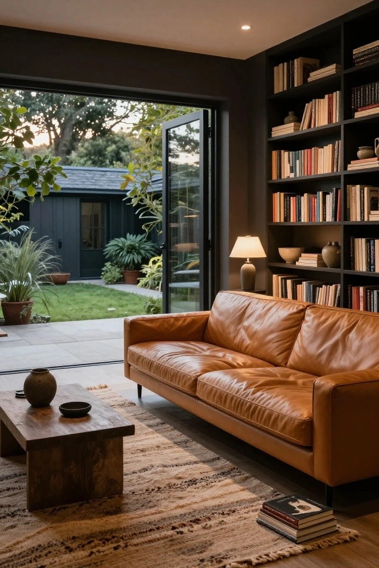 Dark-paneled interior room with floor-to-ceiling bookshelves filled with books, tan leather sofa facing large open sliding glass doors to a garden with lawn, potted plants, and trees.