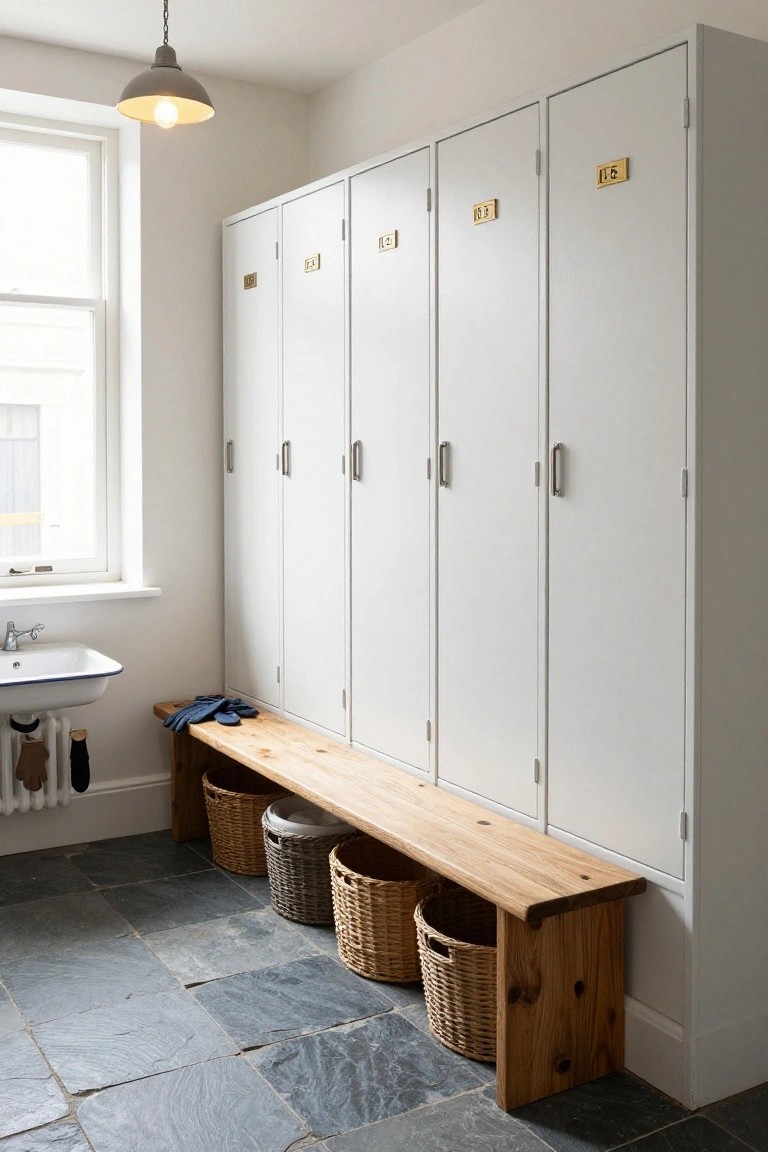 White lockers with wooden bench and wicker baskets in mudroom.