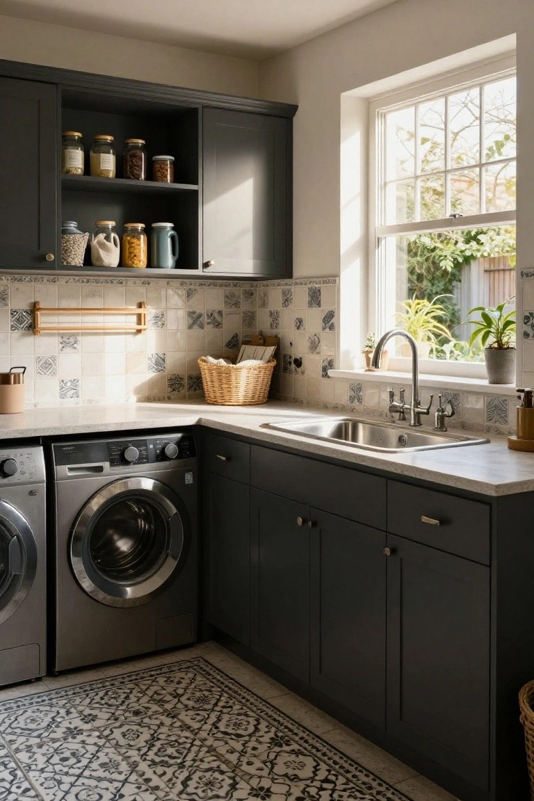Corner kitchen utility area with dark cabinets, washer and dryer machines, stainless steel sink, chrome faucet, patterned tile backsplash and floor, open wooden shelving with glass jars and baskets, and window overlooking garden.