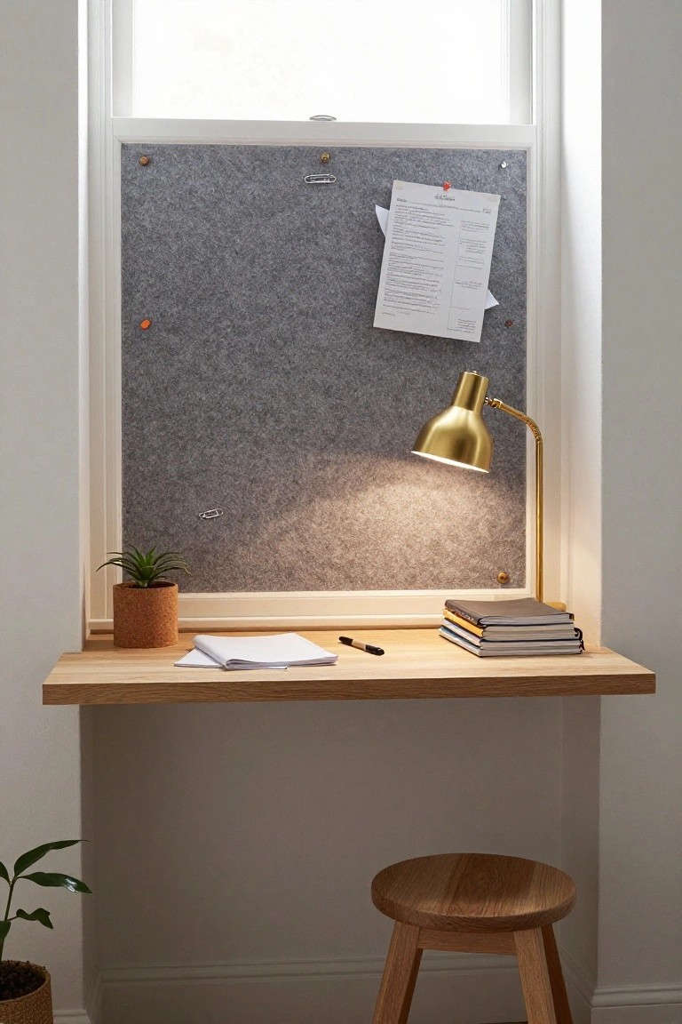 Narrow oak desk built into a window recess with gray felt-covered corkboard above holding pinned papers, gold adjustable lamp lit up, potted succulent and snake plant, stacked notebooks, pen, and wooden stool below in a white room.