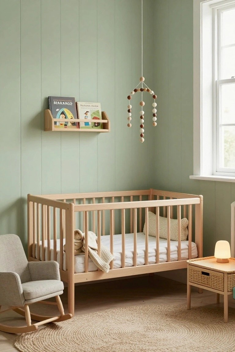 Nursery room with pale green paneled walls, wooden crib with bedding, gray fabric rocking chair, wall-mounted bookshelf holding picture books, hanging wooden bead mobile, and bedside table with lamp on light wood floor with seagrass rug.