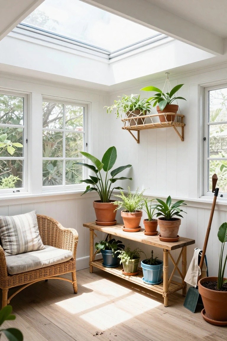 Bright white sunroom with skylight, large windows, potted tropical plants on wooden bench and shelves, rattan armchair, and gardening tools on floor.