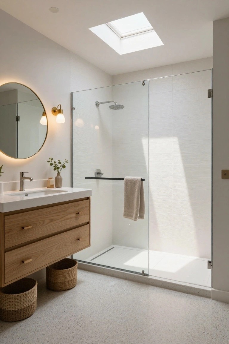 Bright modern bathroom with white tiled walls and floor, clear glass shower enclosure, oak wood vanity under a round backlit mirror, potted plants on the counter, and a skylight overhead.