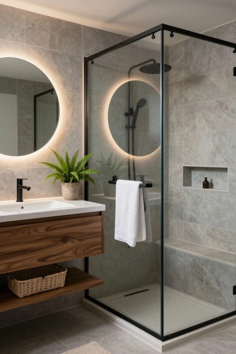 Modern bathroom with light gray tiles, floating walnut wood vanity and shelf, round backlit mirrors, black faucets and shower fixtures, potted fern, white towel on rack, and clear glass shower enclosure with built-in bench.