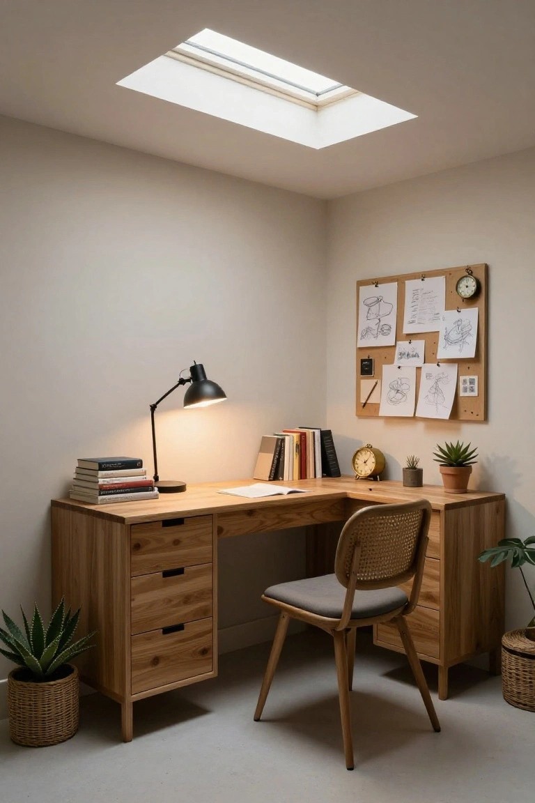 Corner L-shaped wooden desk with stacked books, adjustable desk lamp, rattan chair, potted plants, and corkboard with sketches and notes on beige walls under a skylight.