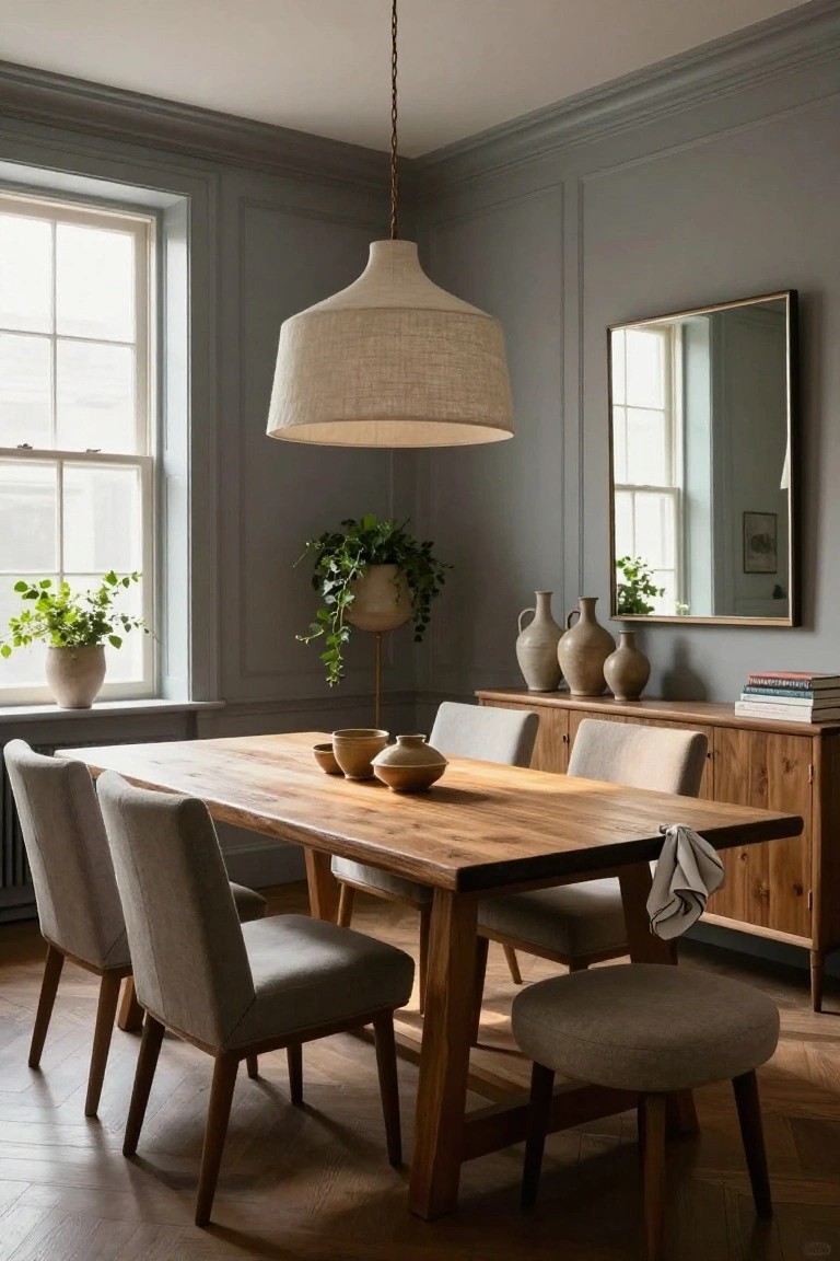 Gray paneled dining room with large wooden trestle table, gray upholstered chairs, wooden sideboard holding ceramics and books, potted plants, fabric pendant light, and gold-framed mirror.