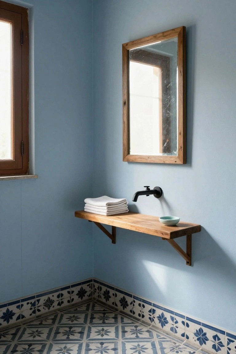 Pale blue bathroom corner with wooden floating shelf supporting stacked white towels, small turquoise bowl, and wall-mounted black faucet, plus wooden-framed mirror, open window, and blue-and-white floral patterned tiles along the base.