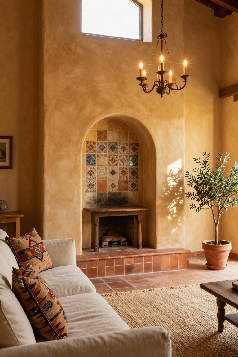 Living room with beige stucco walls and arched fireplace niche featuring multicolored decorative tiles, burning wood fire on wooden mantel, white sofa with patterned pillows, jute rug, wooden coffee table, and potted olive tree in terracotta pot.