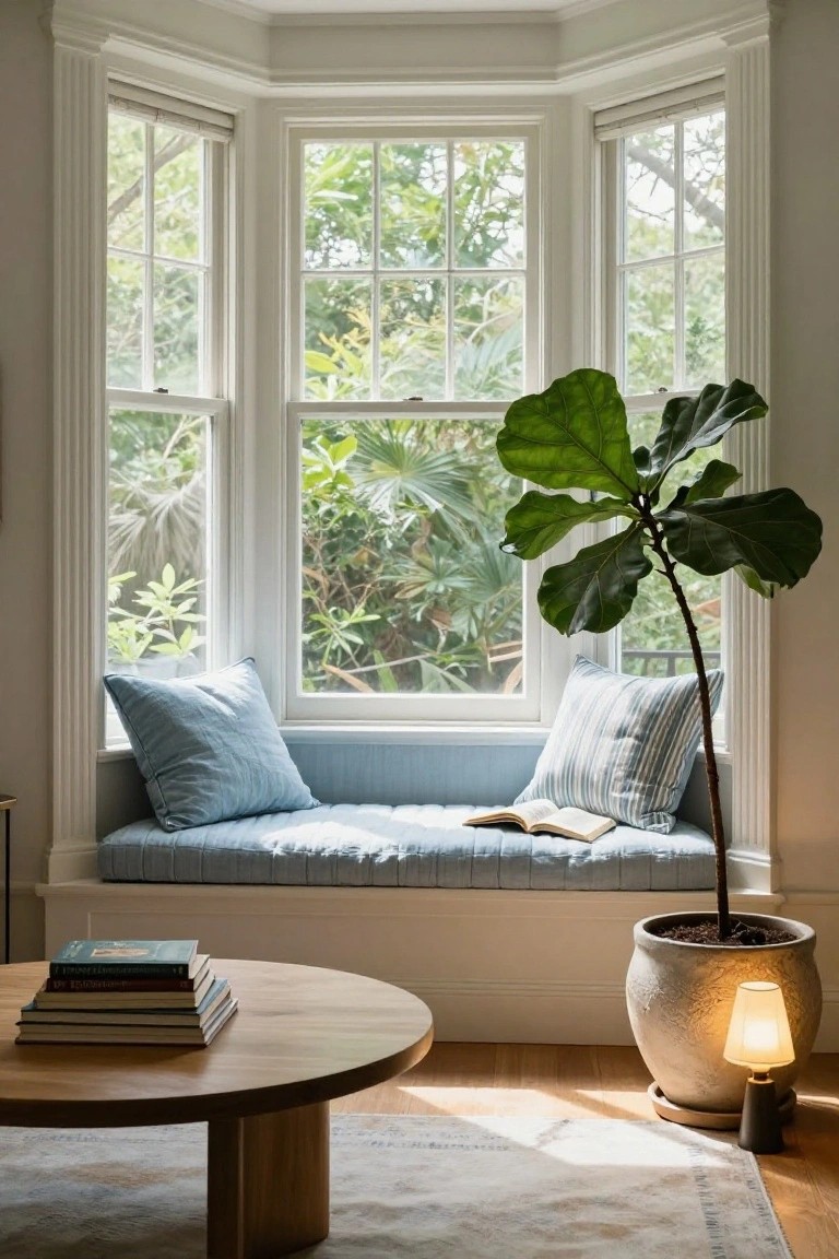 Bay window nook with blue cushioned bench seat, striped and solid pillows, large potted ficus plant beside a lit ceramic lamp, round wooden coffee table with stacked books, neutral rug on hardwood floor, and green foliage visible through the windows.